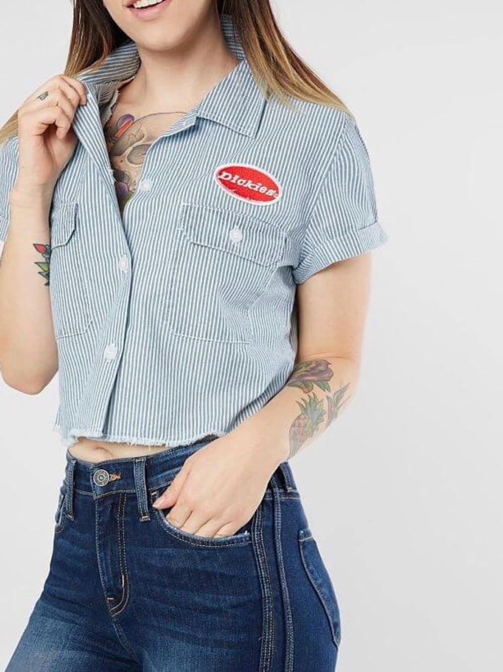 SOLD_Dickies Women's Size Medium Work Stripe Crop Button Up Shirt
